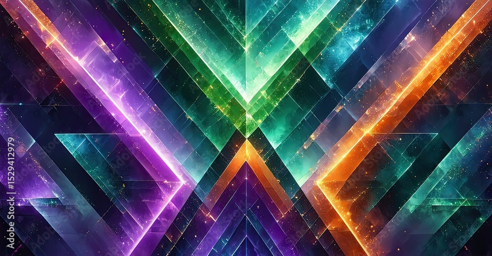 Poster Vibrant geometric abstraction. Diagonal lines create dynamic, colorful patterns. Bright hues suggest cosmic energy, light effects present.