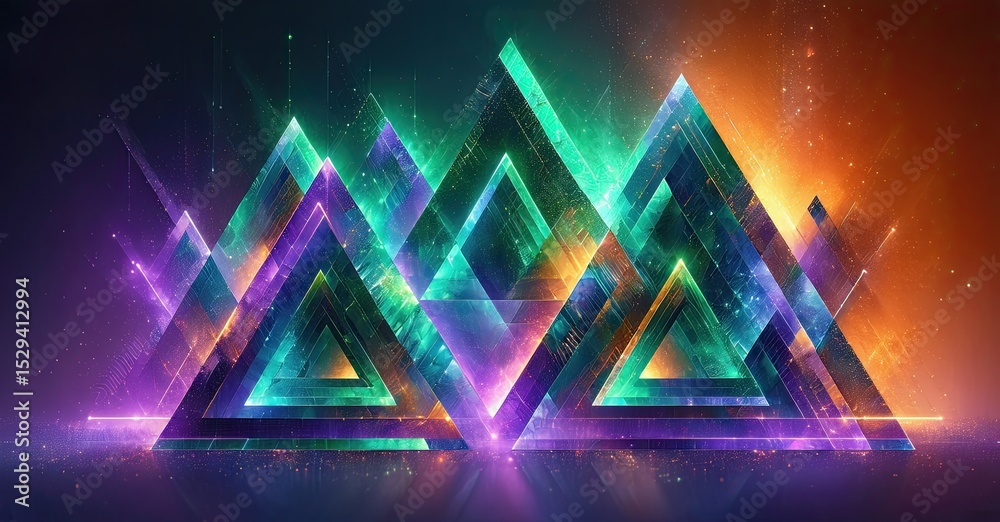 Poster abstract triangles glow, vibrant colors blend. digital art, futuristic design, intense light effects
