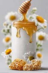 Honey Dripping from Jar with Chamomile Flowers and Honeycomb on Light Background