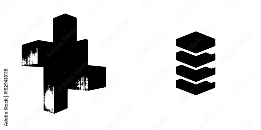 Poster set of black icons featuring geometric shapes representing abstract concepts and design elements