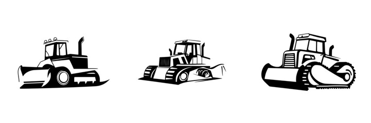 Set of black construction vehicle icons showcasing bulldozer designs for digital projects and illustrations