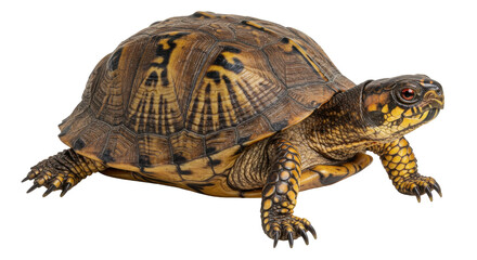 Fototapeta premium A close-up of a tortoise basking under bright light on a smooth surface, showcasing its intricate shell patterns
