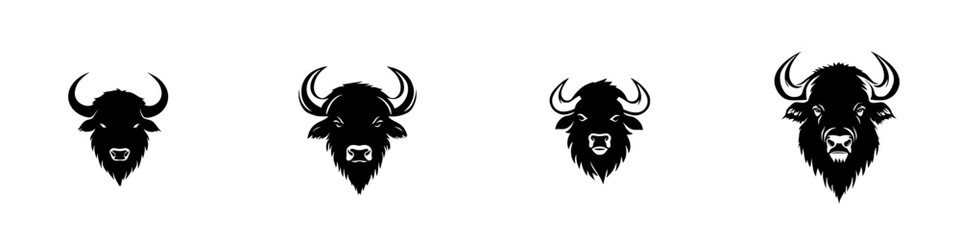 Black icon set featuring distinct designs of buffalo heads with varying horn styles in a minimalist design