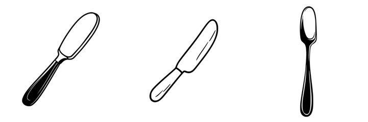 Fototapeta premium Set of three black icons depicting various utensil designs with simple outlines on a white background