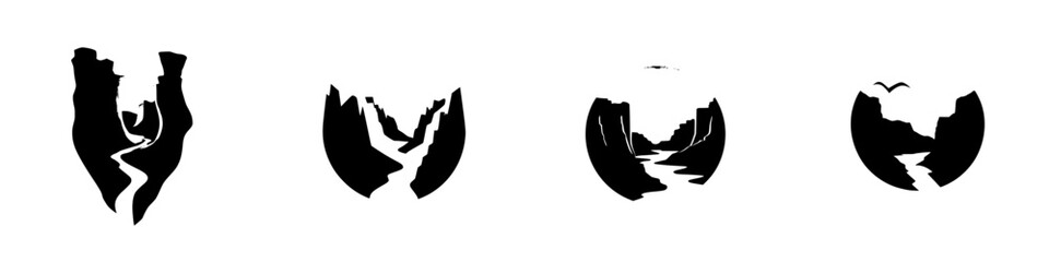 Black icon set featuring abstract mountain and river designs representing landscapes in minimalistic style