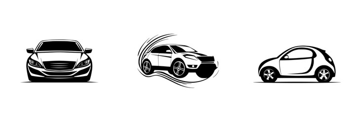 Set of black car icons representing different styles and designs for automotive illustrations