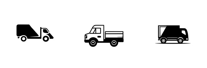 Fototapeta premium Set of black icons representing various delivery trucks on a white background showcasing different designs and functionalities for use in logistics
