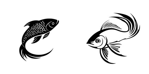 Fototapeta premium Two detailed black icons of fish in artistic style representing aquatic life and creativity