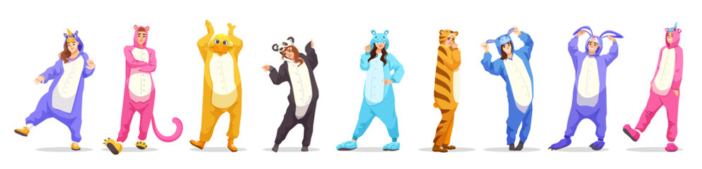 Group of people wearing animal-themed onesies in various colors, cartoon style, on white background. Concept of fun, costume, and cosplay. Vector illustration