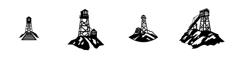 Obraz premium Black icon set depicting various watchtowers situated on mountain landscapes