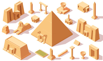Collection of ancient Egyptian buildings and monuments in isometric style on white background. Concept of historical architecture. Vector illustration