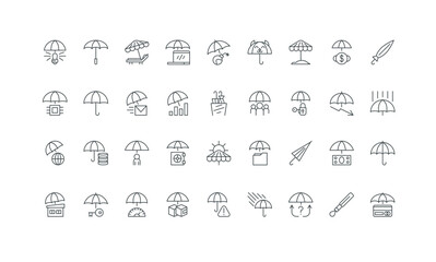 Open and closed umbrella, shield over key and creative idea thin black symbols vector illustration. Umbrella protection emblem for secure access and data, money, delivery box line icon set.