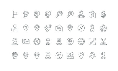 Pinpoint with flag and house residence, car and hospital thin black outline symbols vector illustration. Location point, map pointer of destination place, travel navigation mark line icon set.
