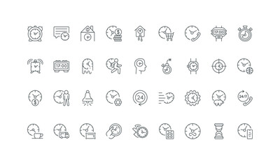 Digital clock with gear and money savings, phone and delivery truck, bell thin black symbols vector illustration. Time and clock for time management, deadline control, efficiency line icon set.