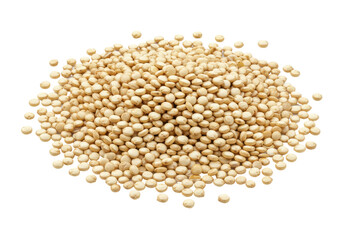 Close-up of a pile of quinoa seeds on a white background, showcasing their texture and color