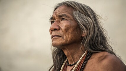 Proud Indigenous elder man with long gray hair, traditional beads, weathered skin texture, neutral background
