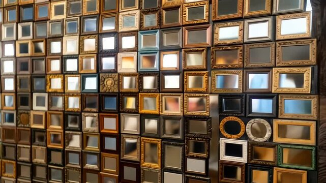 Wall covered with small decorative mirrors in varying ornate frames creating a reflective mosaic pattern, interior design element.