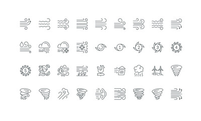 Swirl and arrow of breeze, wind front, hurricane cyclone thin black and red symbols vector illustration. Wind weather forecast, lines and vortex, twirls of air flow, warning scales of typhoon icon set