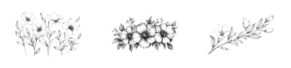 Floral design sketches isolated set on transparent background