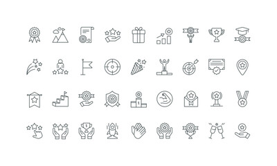 Diploma and medallion for merits, toast and flag thin black and red outline symbols vector illustration. Winner reward and leadership, high quality and qualification, goal achievement line icon set