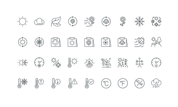 Decrease and increase temperature of air on thermometer thin black and red symbols vector illustration. Four seasons, hot and cold weather of winter, summer and spring, autumn time line icon set