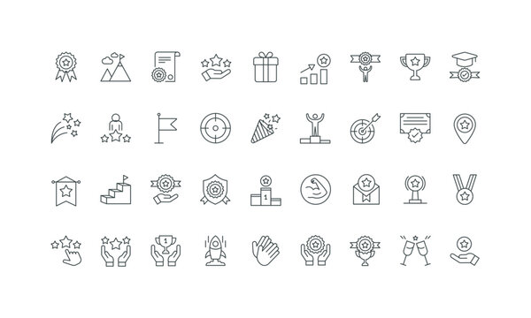 Diploma and medallion for merits, toast and flag thin black and red outline symbols vector illustration. Winner reward and leadership, high quality and qualification, goal achievement line icon set