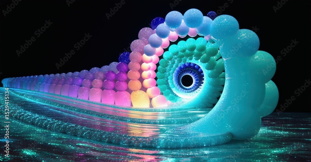 Poster bright spiral form resembles reptile. colorful orbs create body, head. reflection visible below, dar