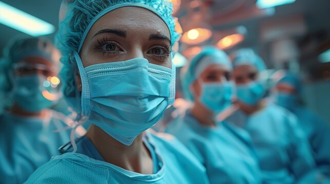 A dedicated and focused team of medical professionals in blue surgical attire, reflecting commitment and teamwork in a critical healthcare environment filled with high stakes.