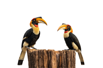 Two colorful hornbill birds with orange beaks perched on weathered wooden log stump, isolated on a transparent background