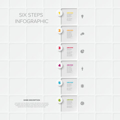 A clean vertical six steps infographic template on a bright background. This template is perfect for illustrating a six-step process or sequence with easily identifiable icons.