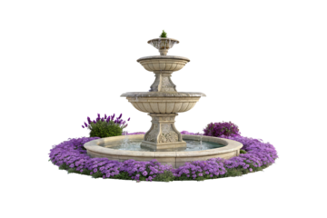 Ornate multi-level stone fountain with decorative carved details and purple flower border landscaping, isolated on a transparent background