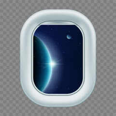 View of outer space with planets and stars through the porthole of a spaceship. Vector illustration