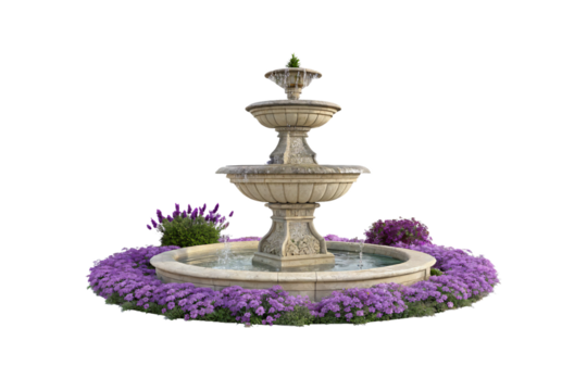 Ornate multi-level stone fountain with decorative carved details and purple flower border landscaping, isolated on a transparent background