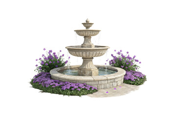 Ornate three-tiered stone fountain with purple flowers surrounding circular base in classical garden design, isolated on a transparent background