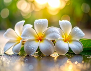 Naklejka premium White plumeria flower frangipani tropical bloom beauty