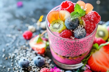 Colorful dessert glass filled with chia seeds, fresh berries, and tropical fruits, garnished with mint leaves, showcasing a vibrant and healthy treat for food enthusiasts