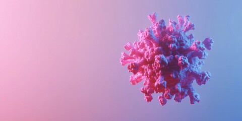 3D illustration of a vibrant pink and blue virus structure, showcasing intricate details and textures, representing microscopic life and scientific research in a visually striking manner