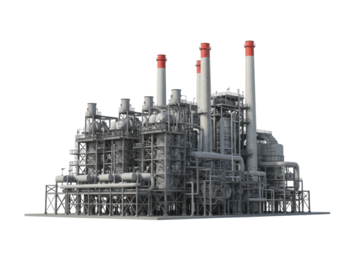 Industrial power plant with smokestacks against a clear sky, showcasing energy production