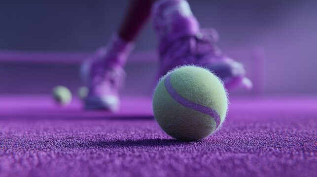 realistic tennis player serving on purple grass court with ball hitting ground