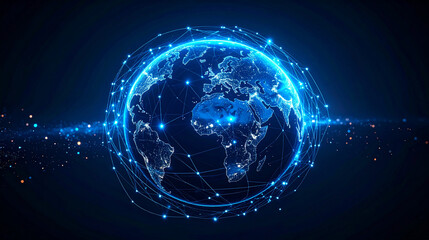 Obraz premium Firefly_Holographic globe spinning slowly, interconnected pathways glowing with electric blue 