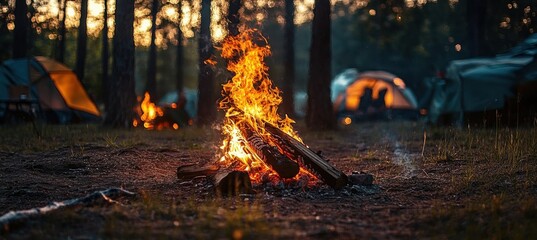 Burning bonfire in the evening- camping concept in outdoor colors- tourist camp