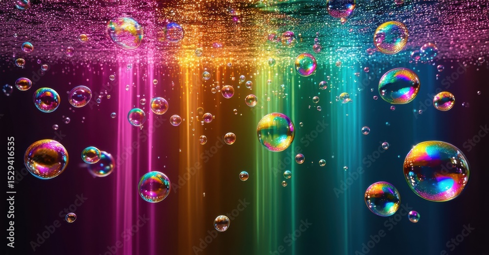 Poster colorful bubbles float against dark background. rainbow light beams shine upwards, creating vibrant 