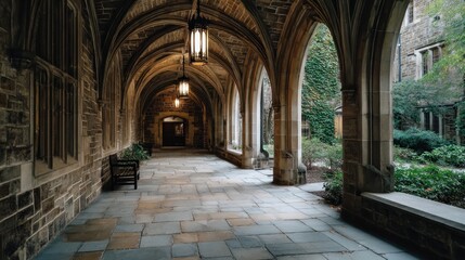 Fototapeta premium Serene Stone Corridor: A Peaceful Passage Through Collegiate Architecture