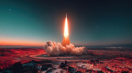 A rocket launches brilliantly into the twilight sky above a rugged, reddish terrain, leaving a bright trail and billowing clouds of smoke.