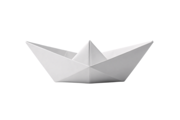 White paper boat origami creation with precise folds and triangular sail structure showing traditional Japanese paper folding art, isolated on a transparent background