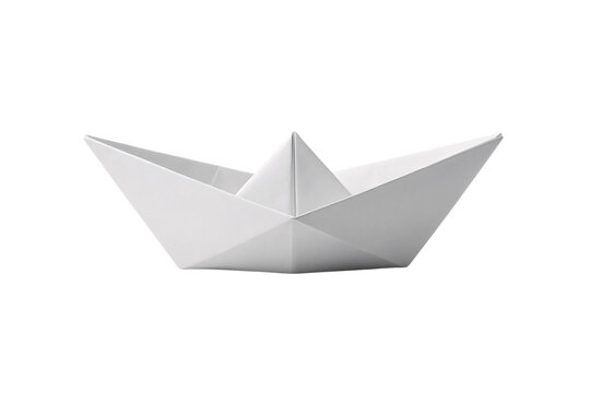 White paper boat origami creation with precise folds and triangular sail structure showing traditional Japanese paper folding art, isolated on a transparent background