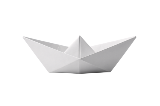 White paper boat origami creation with precise folds and triangular sail structure showing traditional Japanese paper folding art, isolated on a transparent background