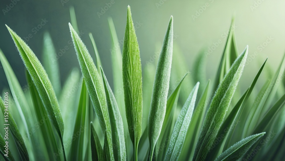 Poster close-up of vibrant green grass blades illuminated by soft light. The blades showcase intricate details and textures, creating a soothing and refreshing visual experience