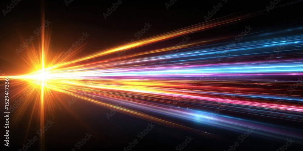 Poster a vibrant burst of multicolored light beams radiates from a bright source against a dark background,