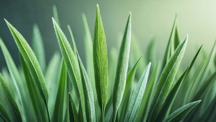 Fototapeta premium close-up of vibrant green grass blades illuminated by soft light. The blades showcase intricate details and textures, creating a soothing and refreshing visual experience